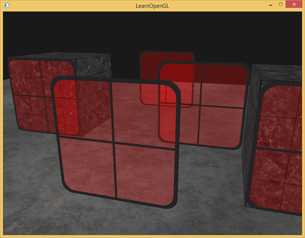 Image d'une scène OpenGL avec transparence. Les objets sont triés suivant leur distance