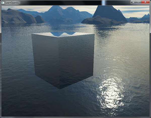 Image d'un cube reflétant la skybox grâce à la texture cubique et l'application de l'environnement