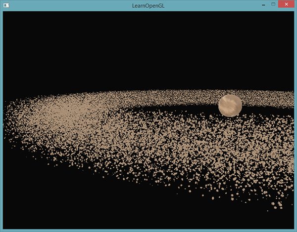 Image d'un champ d'astéroïdes en OpenGL dessiné grâce au rendu instancié